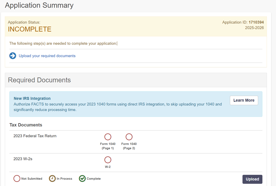 Application Summary screen