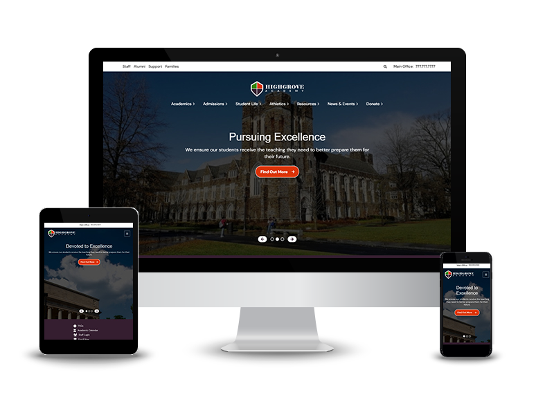 Highgrove theme displayed on a tablet, desktop monitor, and cellphone