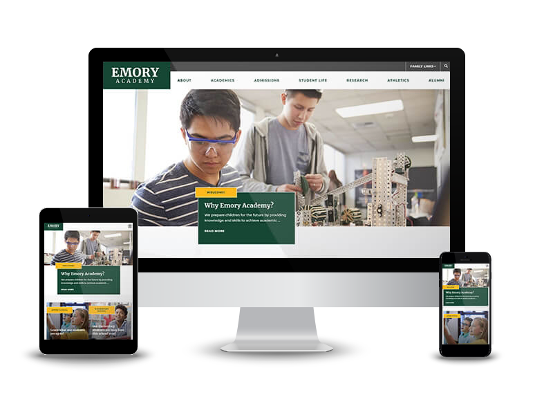 Emory theme displayed on a tablet, desktop monitor, and cellphone